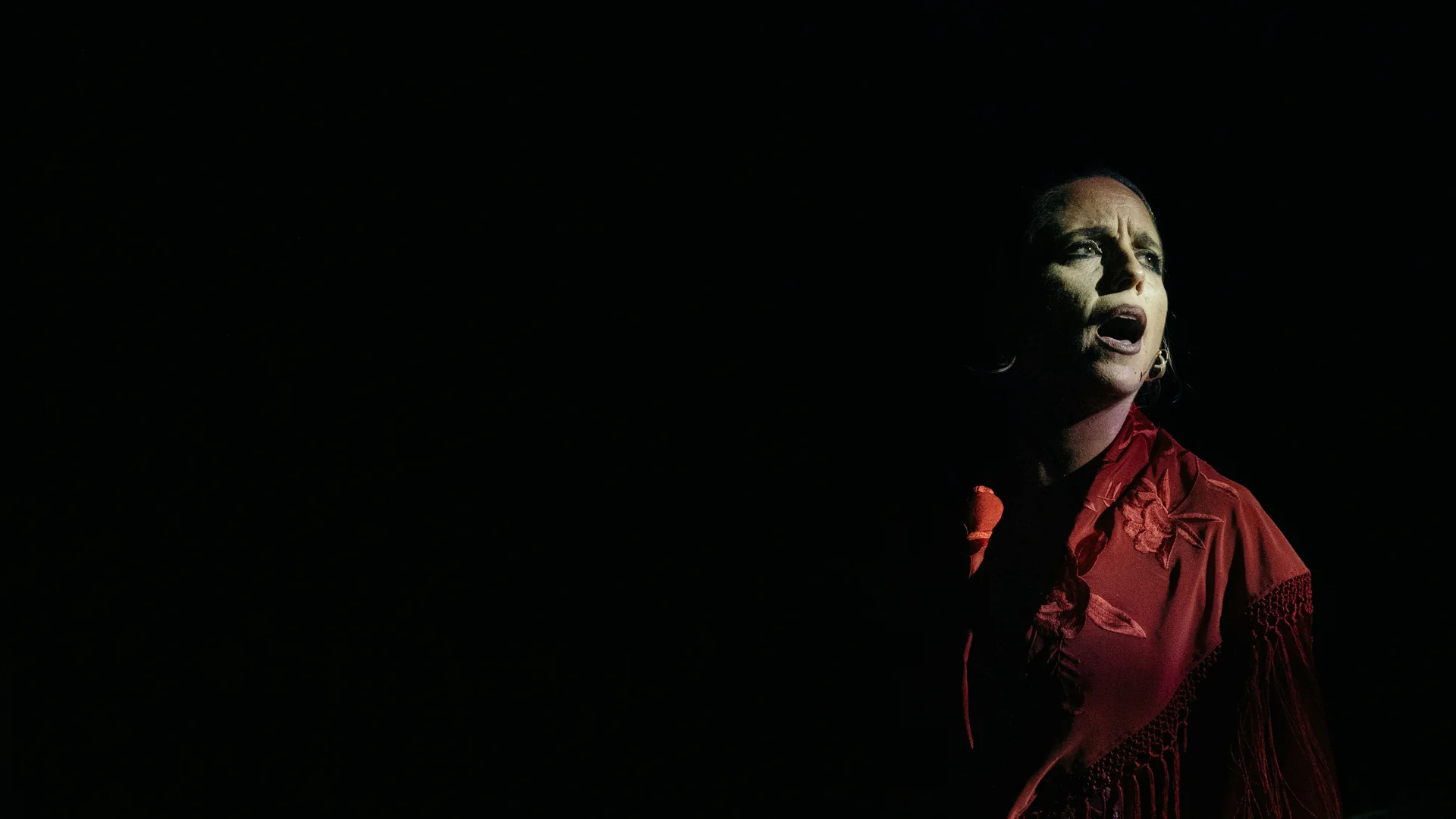 A flamenco singer in a red embroidered shawl, lit by a single spotlight against a black stage, mid-song with her mouth open