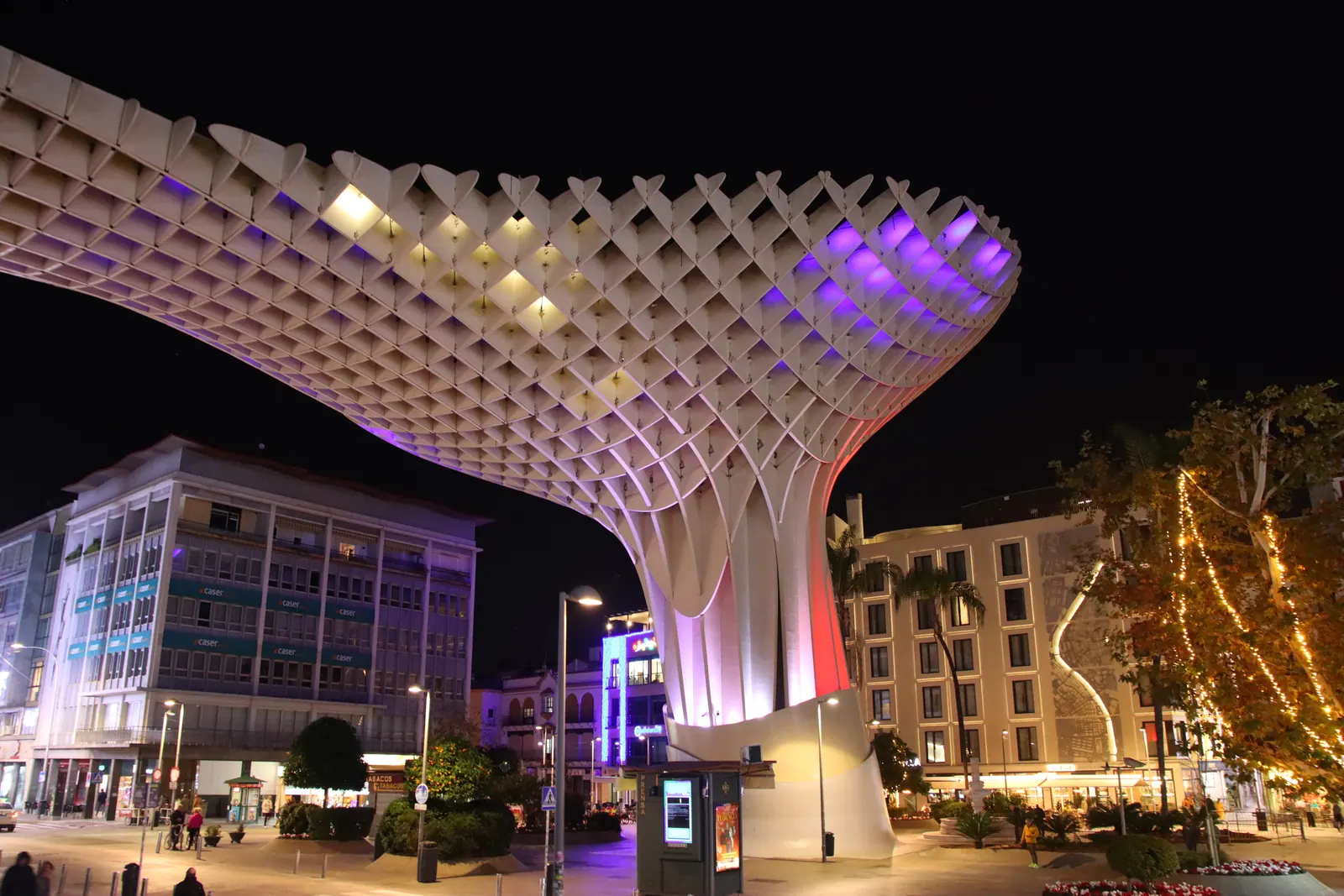 A single parasol of the Metropol Parasol rising over the square at night, its lattice picked out in violet and gold