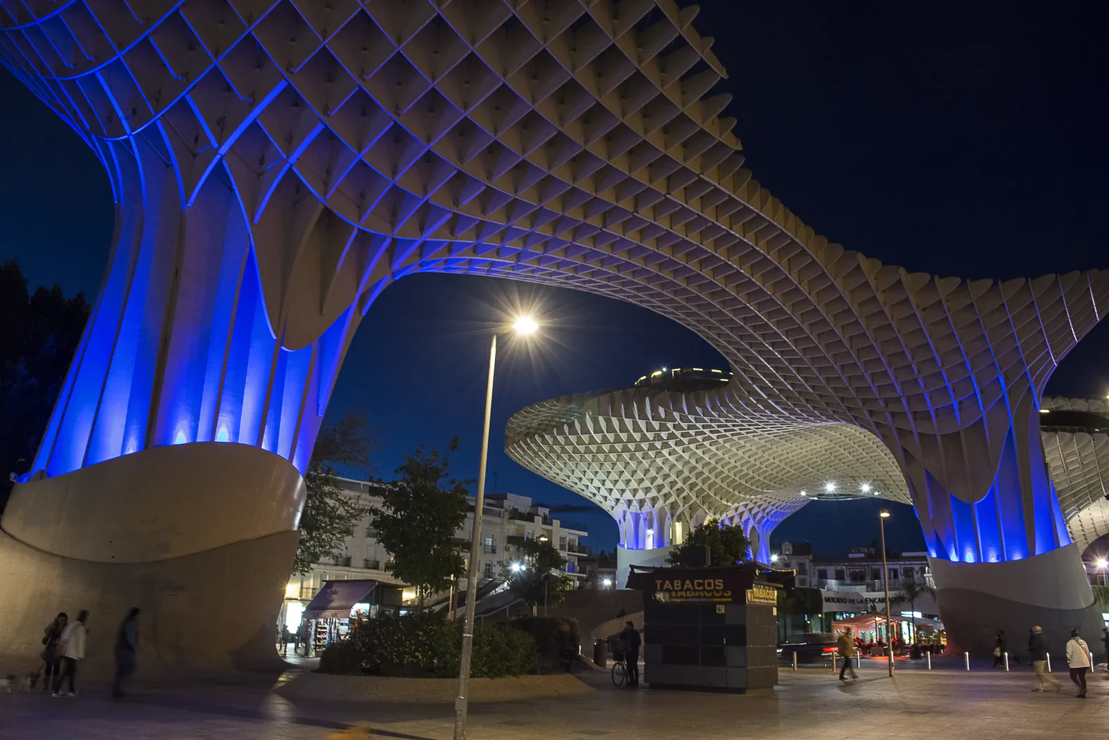 Blue-lit timber columns and the lattice roof of the Metropol Parasol seen from the square at night